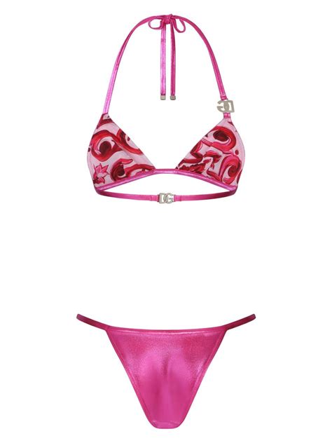 Dolce Gabbana Laminated Triangle Bikini Top With Dg Logo In Pink