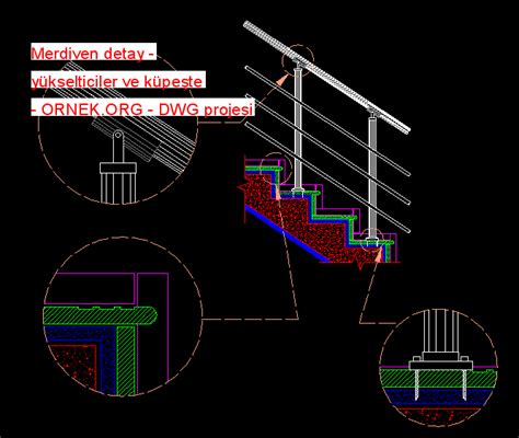 Merdiven detay yükselticiler ve küpeşte dwg projesi Autocad Projeler