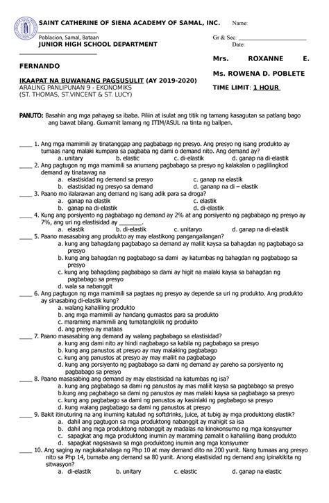 Monthly test 2019-2020-elastisidad ng demand - SAINT CATHERINE OF SIENA