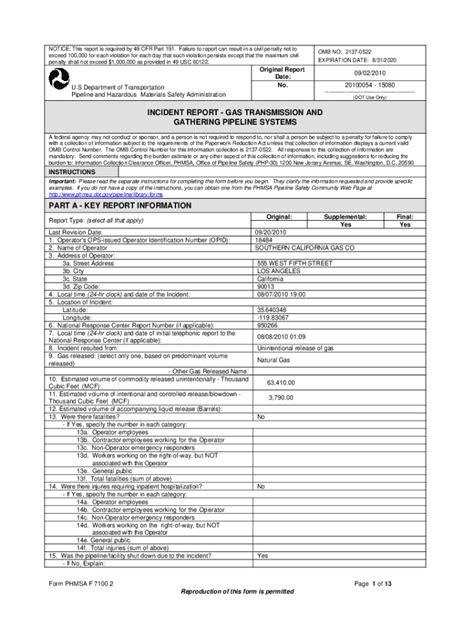 Fillable Online Osfm Fire Ca INCIDENT REPORT GAS TRANSMISSION AND