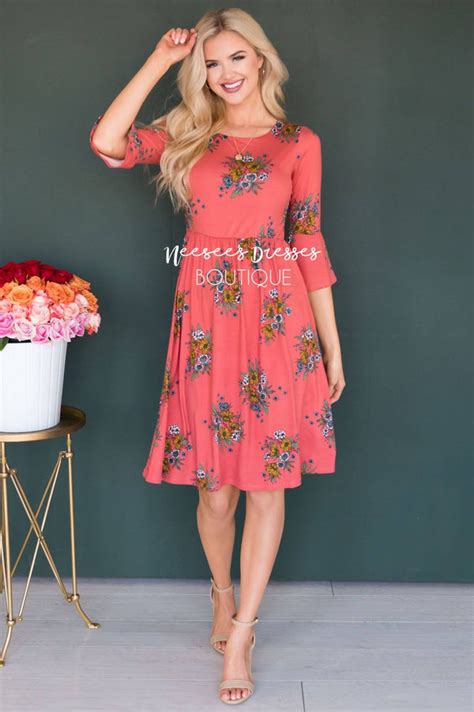 Dusty Coral Rustic Blue Floral Bell Sleeve Modest Bridesmaids Dress