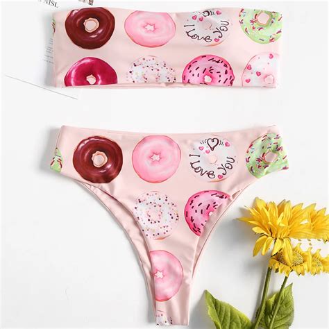 Zaful New Bikinis Women Donut Print Bandeau Bandeau Collar High