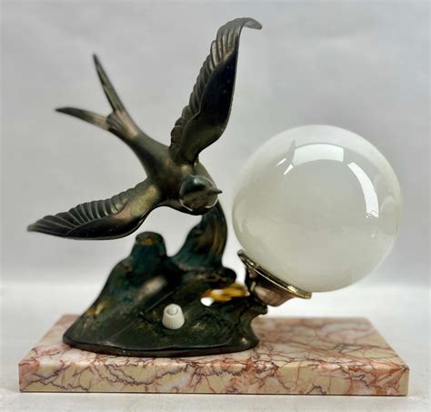 Art Deco French Table Lamp With Stylized Spelter Representation Of Bird