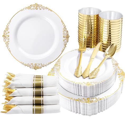 Nervure Pcs White And Gold Plastic Plates Pre Rolled Napkins With