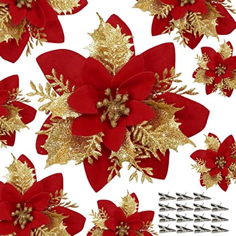 15 PCS Red Poinsettia Flower Artificial Poinsettia With Clips Christmas