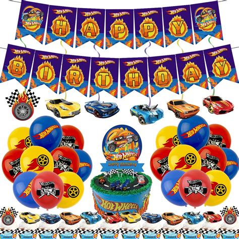 Hot Wheels Birthday Theme Set HBD Banner Hanging Swirls Big Cake Topper Cupcake Toppers And