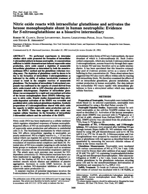 Pdf Nitric Oxide Reacts With Intracellular Glutathione And Activates