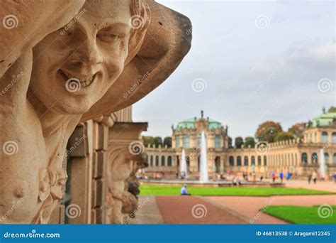 Closeup Naked Faunus Smiling Statue Crop With Fountain And Garden At