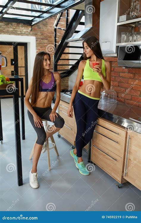 Healthy Nutrition Fitness Women In Sportswear Drinking Smoothie Stock