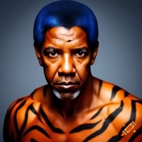 Muscular Man With Tiger Style Makeup Blue Hair And Orange Skin On Craiyon