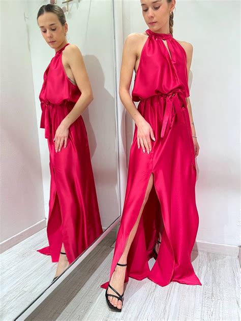 Vestito Lungo In Raso Fucsia Con Cintura Vicolo Scintille Store