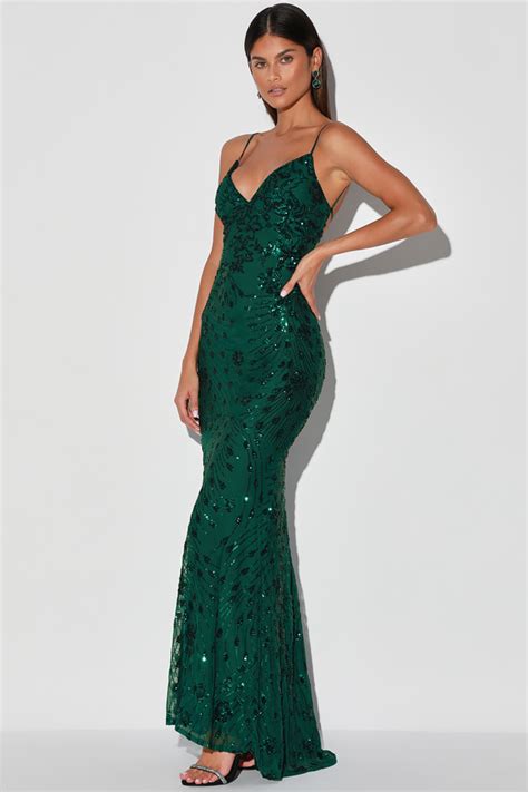 Glam Forest Green Dress Sequin Maxi Dress Lace Up Maxi Dress Lulus