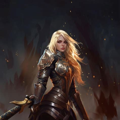 Premium Ai Image Blond Woman In Armor Holding A Sword In A Dark