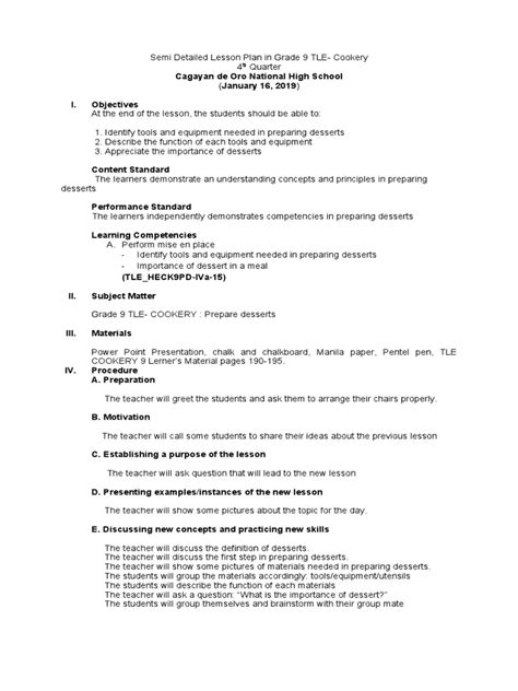 Semi Detailed Lesson Plan In Grade 9 Tle Pdf Teachers Lesson Plan