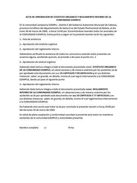 Acta De Aprobacion De Estatuto Organico Y Reglamento Interno De La