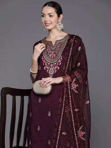 Indo Era Wine Embroidered Straight Kurta Trousers With Dupatta Set At