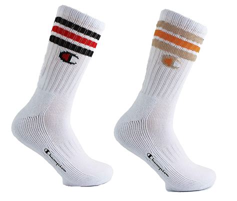 Champion Unisex 2 Pack Logo Striped Crew Socks White Black And White Gray 12 14