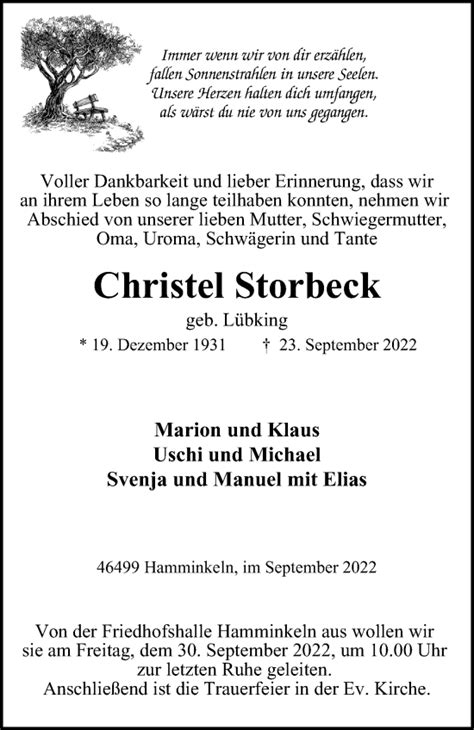 Traueranzeigen Von Christel Storbeck Trauer In Nrw De