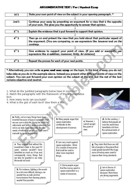 Space Exploration Argumentative Text ESL Worksheet By