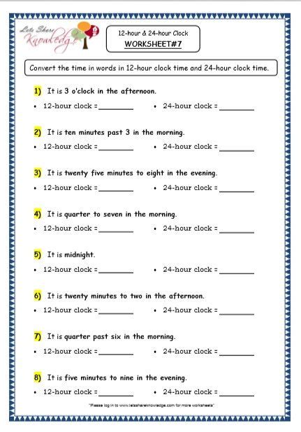 Time - 12-hour & 24-hour Clock Printable Worksheets Worksheet | Time ...