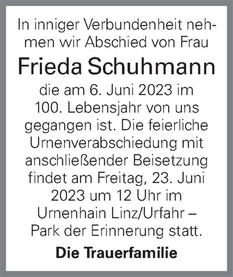 Traueranzeigen Von Frieda Schuhmann Wirtrauern At