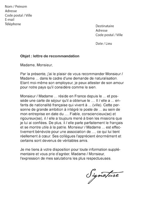 Lettre De Recommandation Pour Une Naturalisation Mod Le De Lettre