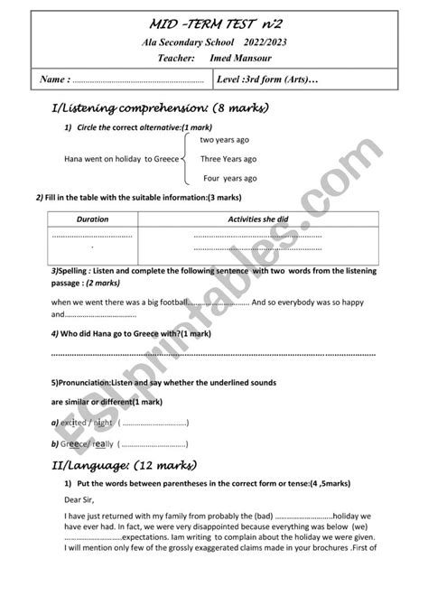 3rd Form Two Mid Term Tests 2 ESL Worksheet By Barbi3i