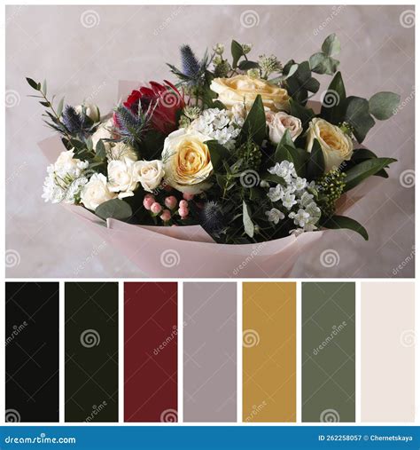 Beautiful Bouquet with Roses on Beige Background and Color Palette ...