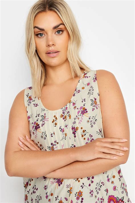 Yours Plus Size Cream Floral Print Dipped Hem Pleated Vest Yours Clothing