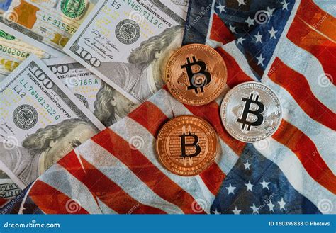 Golden Bitcoin On Us Dollars Digital Currency With Us Flag Stock Photo