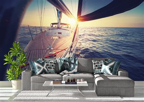 Yacht Sunset Wall Mural Wallpaper Wall Art Peel And Stick Self Etsy