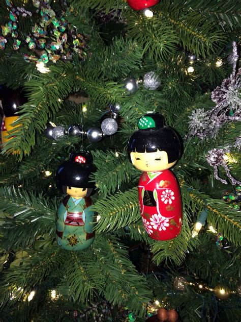 Japanese Style Christmas Tree With Kokeshi And Origami Paper Ornaments