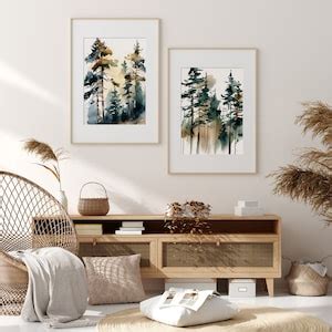 Pine Trees Print Set Of Misty Forest Watercolor Foggy Landscape Art