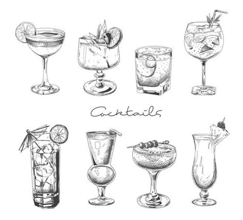 Hand Drawn Cocktail Alcoholic Drinks In Glasses Sketch Juice Margarita Martini Cocktail With