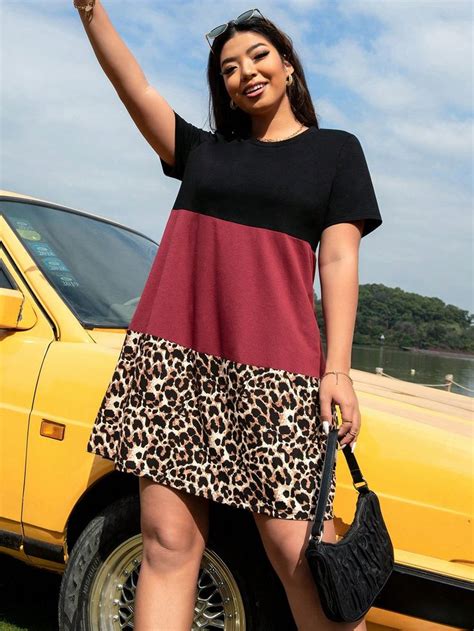 Vestido Estilo Camiseta Con Estampado De Leopardo De Color Combinado