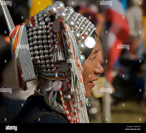 Close Up Headress Akha Hill Tribe Woman Mai Salong Chiang Rai Province