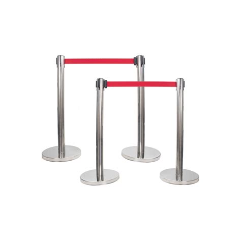 Set Of 4x Polished Steel Retractable Barrier Posts With Red Webbing