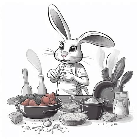 Premium Photo Cartoon Rabbit Cooking In A Kitchen With A Variety Of