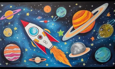premium ai image painting   rocket ship  planets  stars
