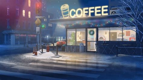 A Painting Of A Coffee Shop On A Snowy Street At Night With The Lights On