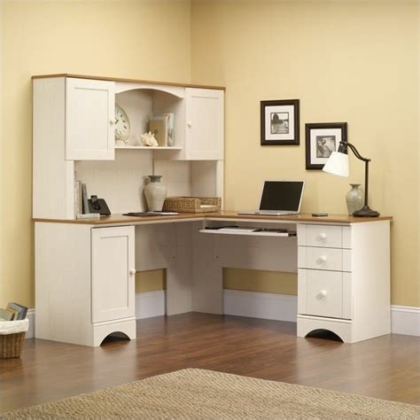 Sauder Harbor View Corner Computer Desk In Antiqued White 403793