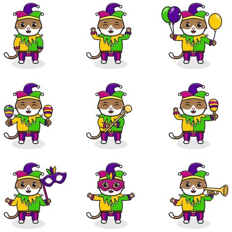 Vector illustration Cat wearing mardi gras clothes in different poses ...