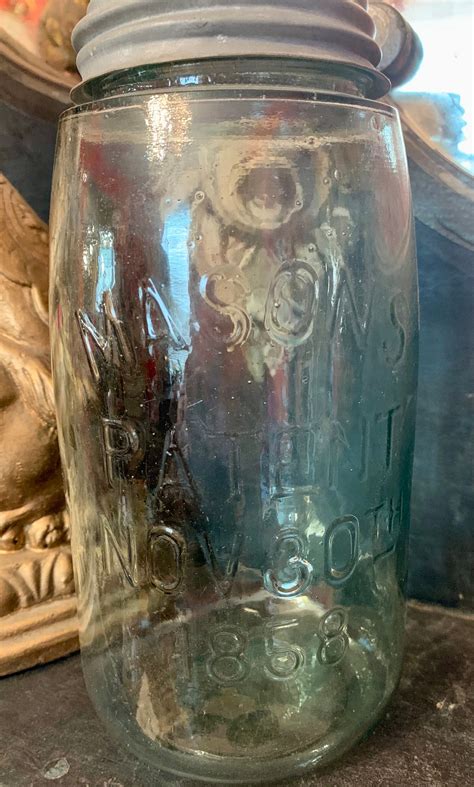 Antique Blue Masons Patent Nov 30th 1858 Quart Blown Glass Jar With Cfj Co Emblem With Ball Lid