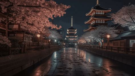 Night Scene Of Kyoto With Cherry Blossom Trees Background Cherry