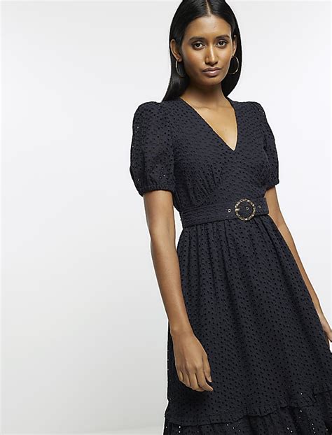 Black Broderie Belted Swing Midi Dress River Island