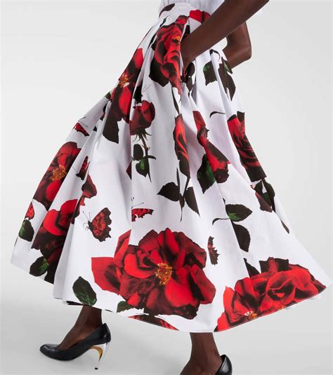 Alexander Mcqueen Pleated Floral Cotton Midi Skirt Alexander Mcqueen