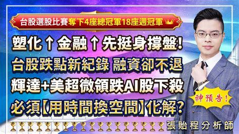 20240422 【塑化↑金融↑先挺身撐盤 台股跌點新紀錄 融資卻不退 輝達美超微領跌ai股下殺 必須【用時間換空間】化解】張貽程