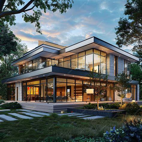 Premium Photo | A house with a large glass front and a staircase