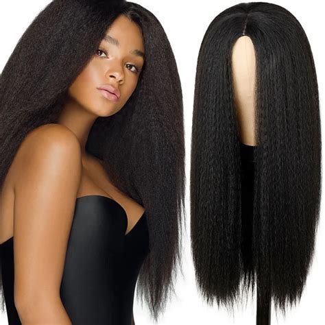 Long Kinky Straight Synthetic Hair Wigs For African American Women Nature Black 30 Inch