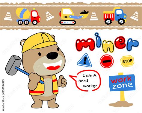 Vector illustration of funny worker cartoon with construction vehicles ...